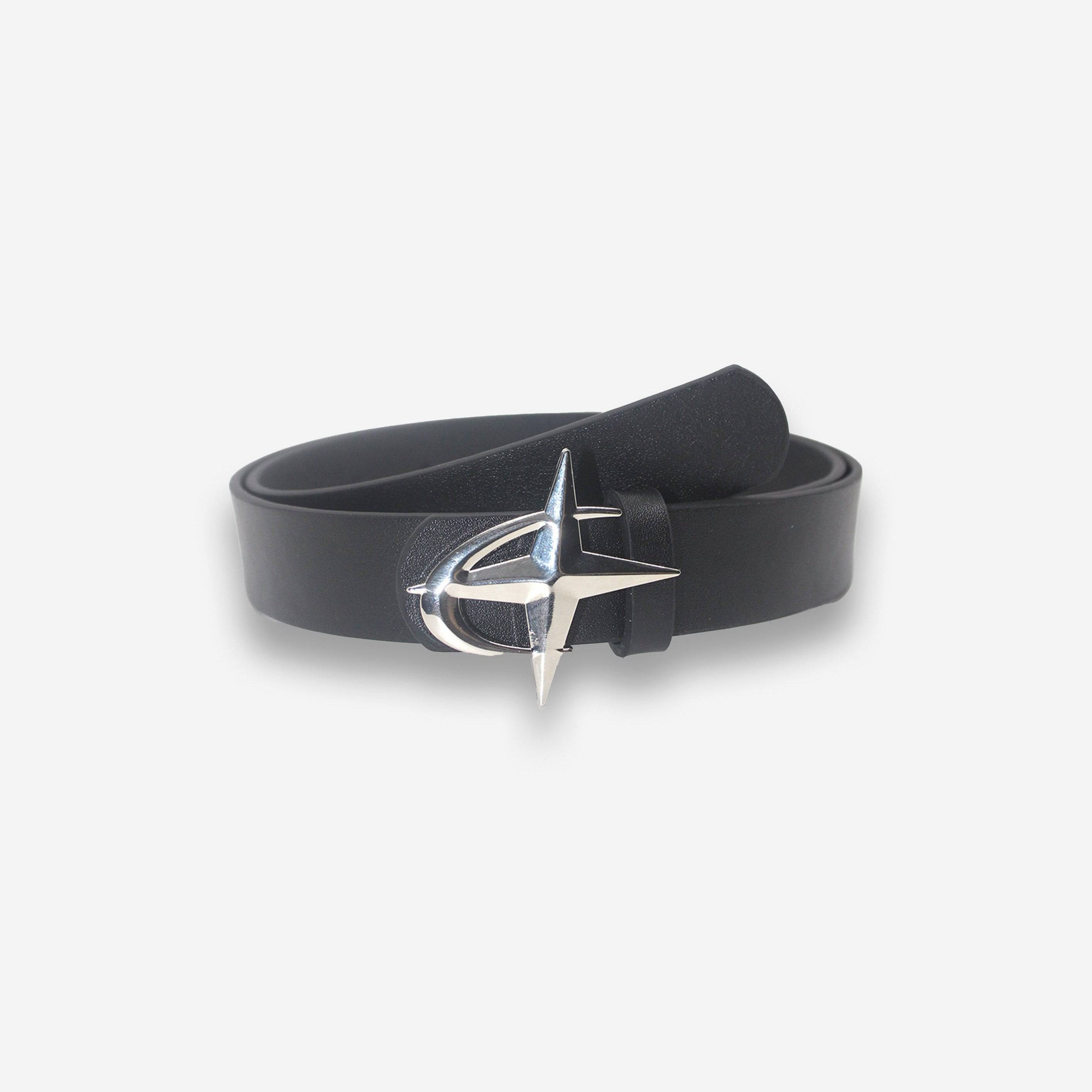 Black North Star belt by 2KWRLD with a 105cm length, featuring a sleek design and star-themed buckle.