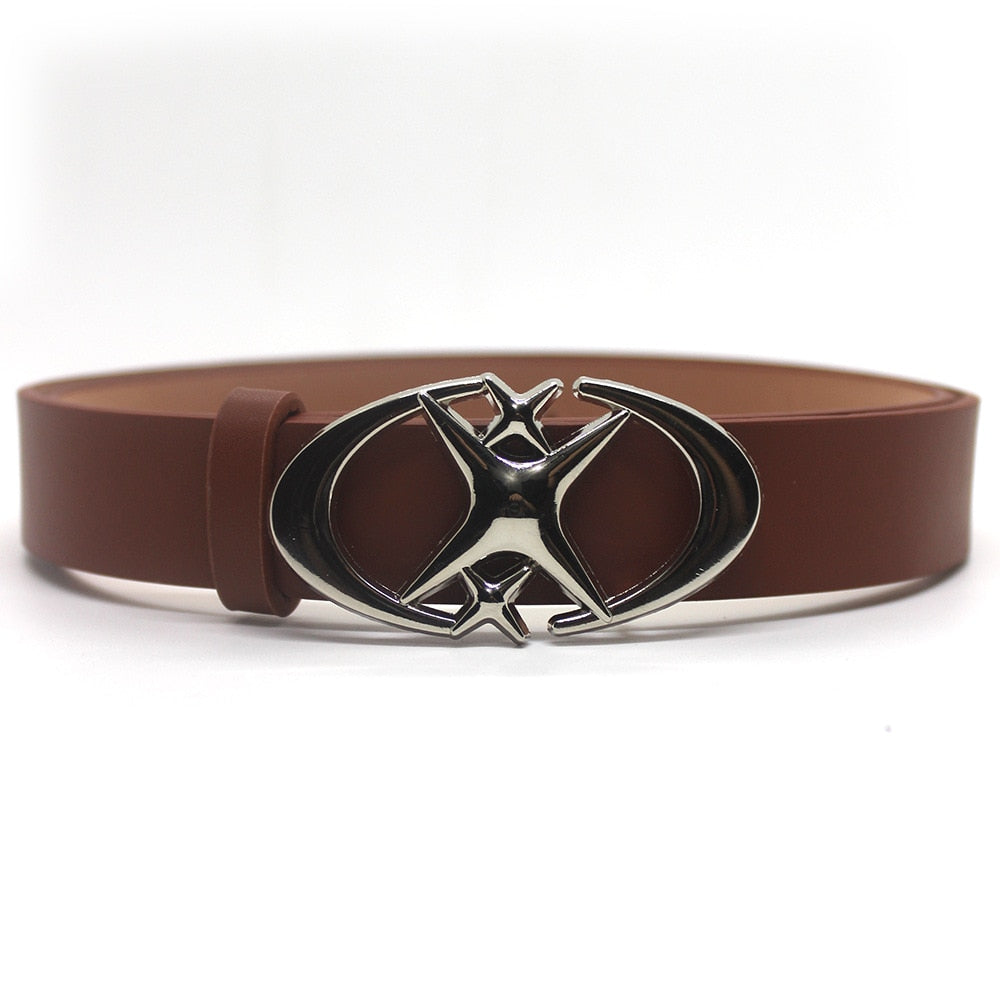 Black X Star Belt from 2KWRLD with a 105cm strap and star pattern, stylish accessory for casual or trendy outfits.
