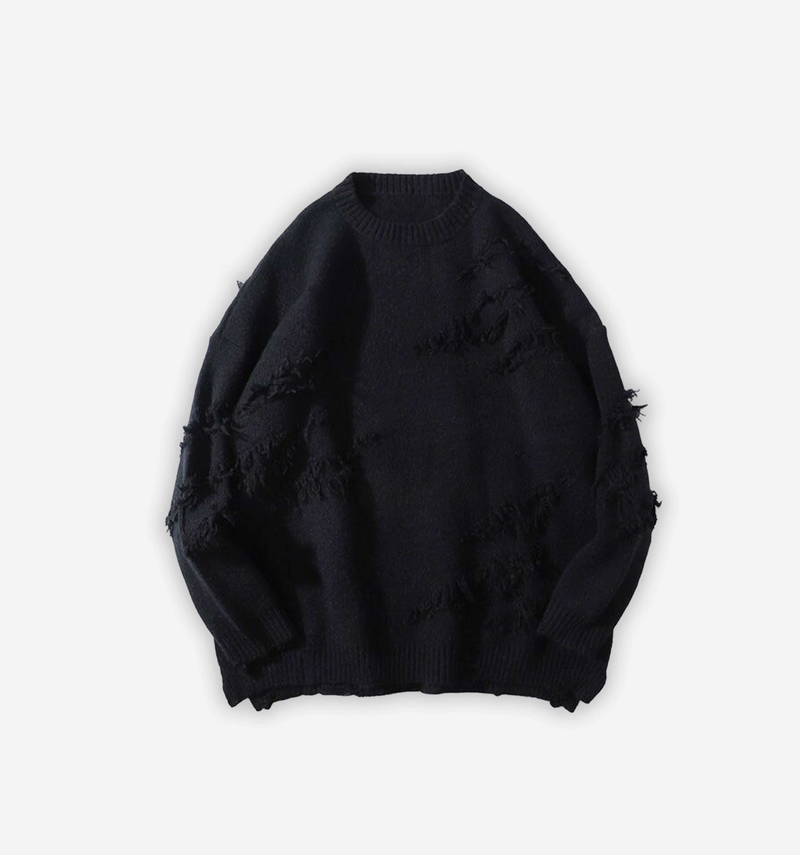 Black distressed sweater by 2KWRLD featuring a relaxed fit with frayed edges and a worn-in look, casual and stylish for everyday wear.