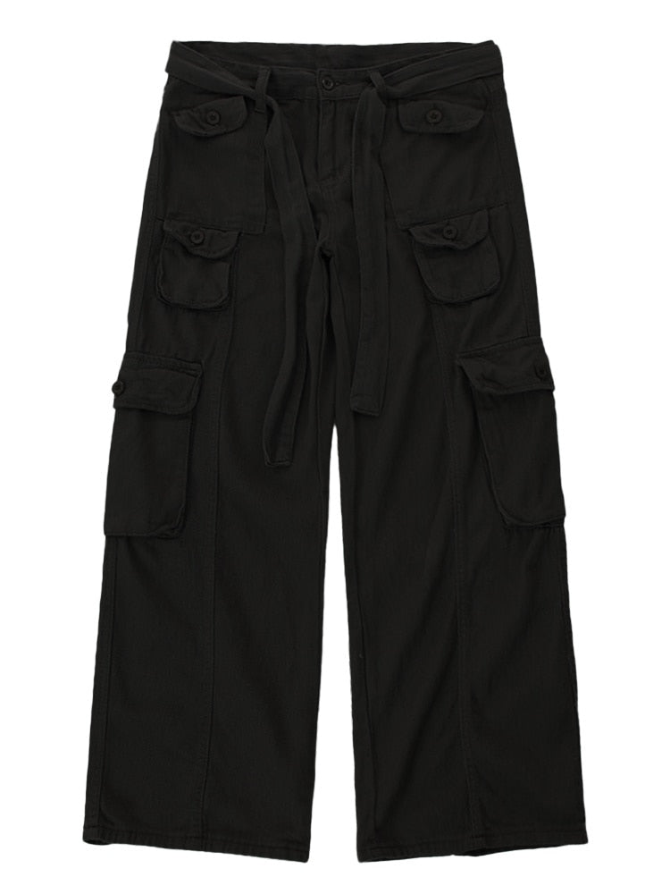 Black loose cargo pants by 2KWRLD, featuring a relaxed fit and multiple pockets, suitable for casual and streetwear styles.