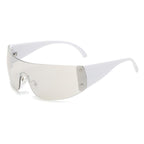 Black wrap glasses by 2KWRLD with sleek, curved design and tinted lenses, shown on a white background.