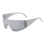 Black wrap glasses from 2KWRLD featuring sleek, curved frames and tinted lenses, designed for a modern, stylish look.