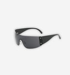 Black wrap glasses by 2KWRLD with sleek, curved design and tinted lenses for a modern, stylish look.