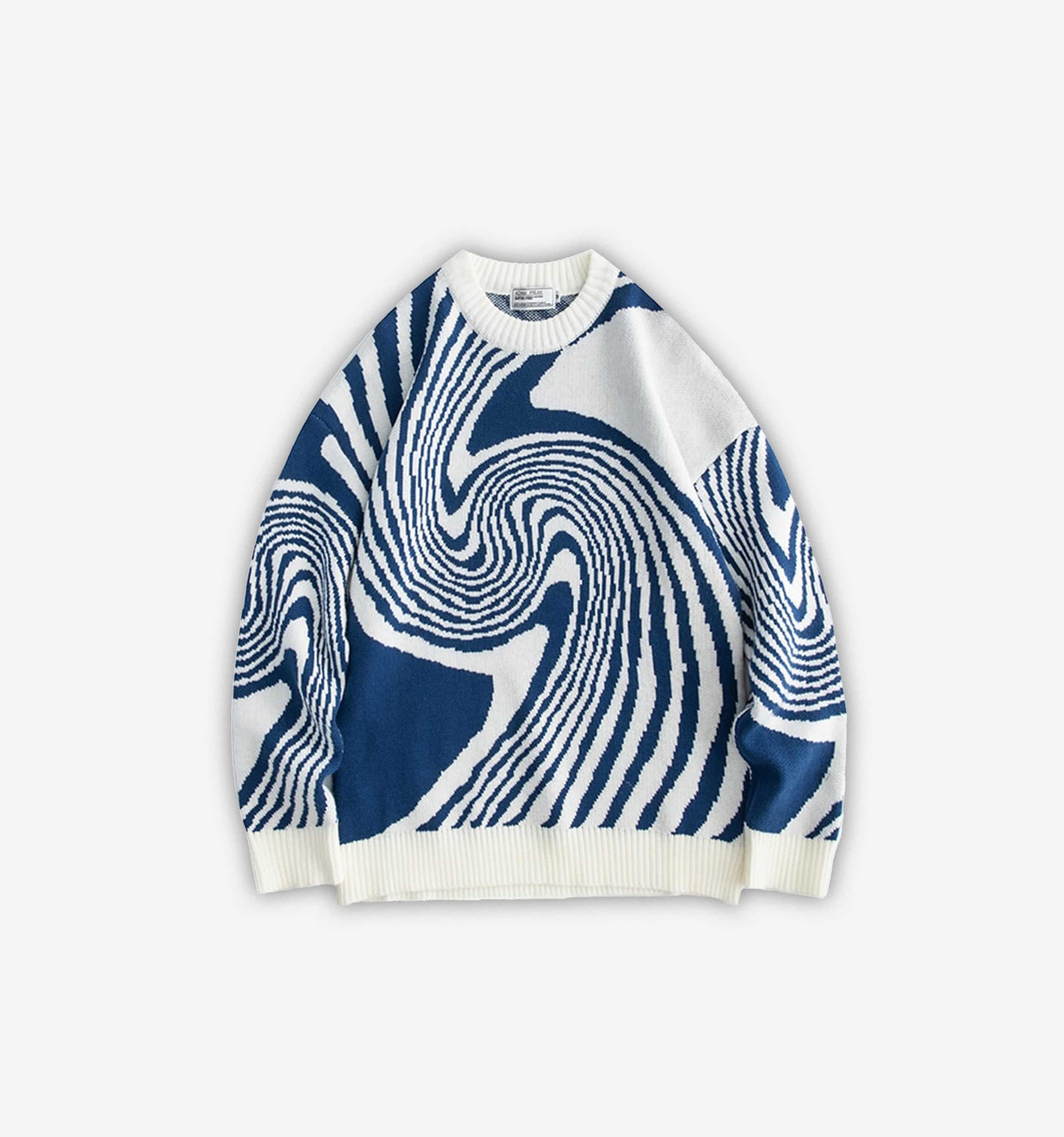 Blue Swirly Sweater by 2KWRLD with a cozy, swirling pattern, long sleeves, and a relaxed fit for casual wear.