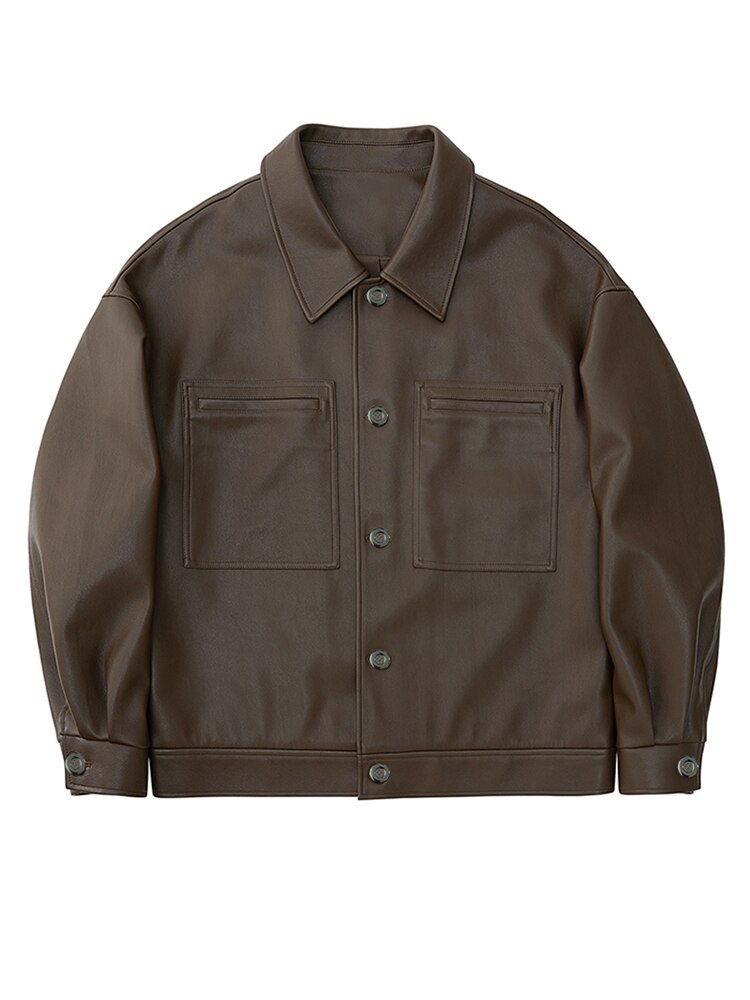 Brown leather look jacket from 2KWRLD featuring a stylish, fitted design with a smooth, shiny finish and classic collar detail.