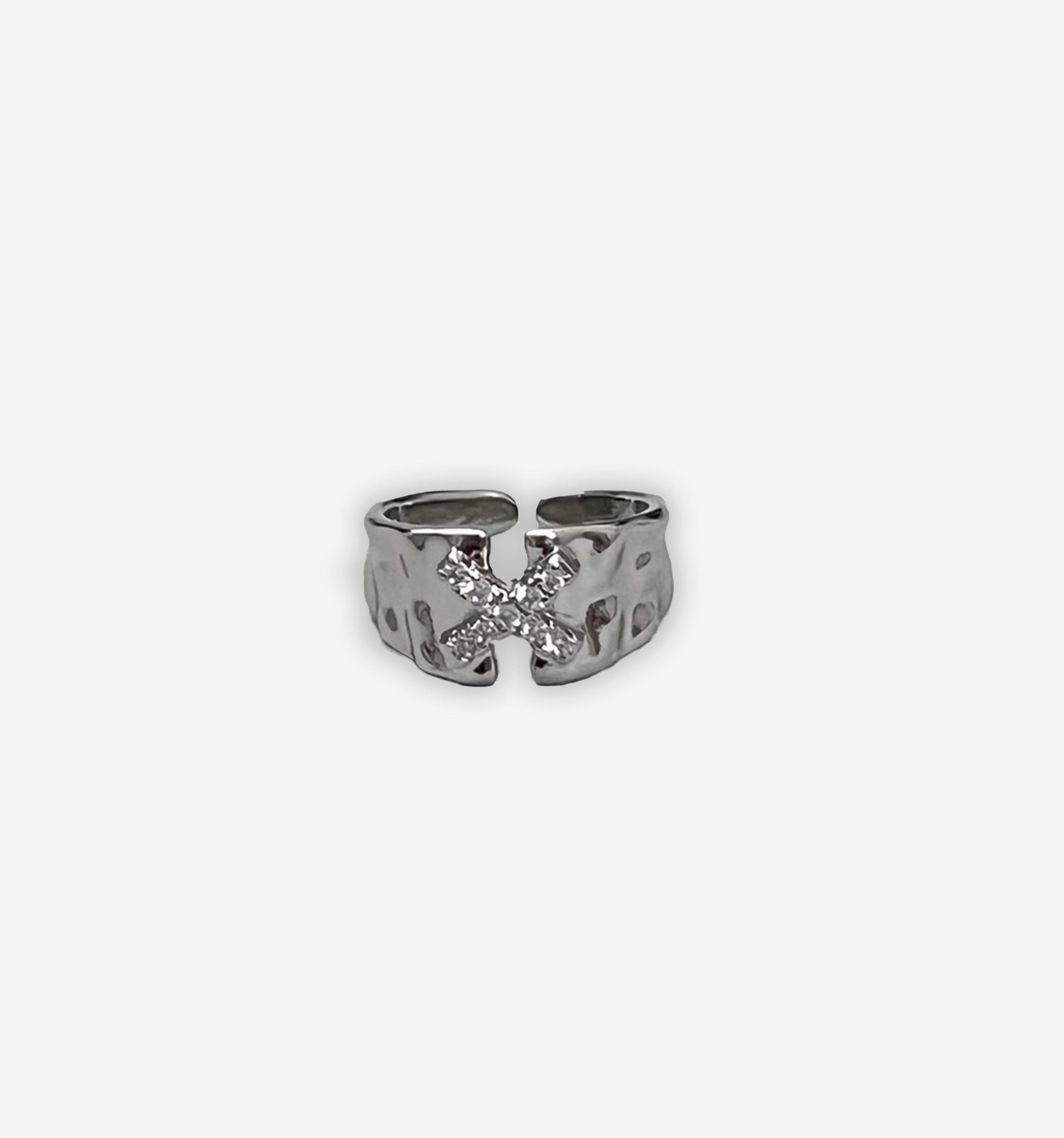 Silver diamond cross ring by 2KWRLD featuring a detailed cross design with sparkling diamonds on a sleek band.