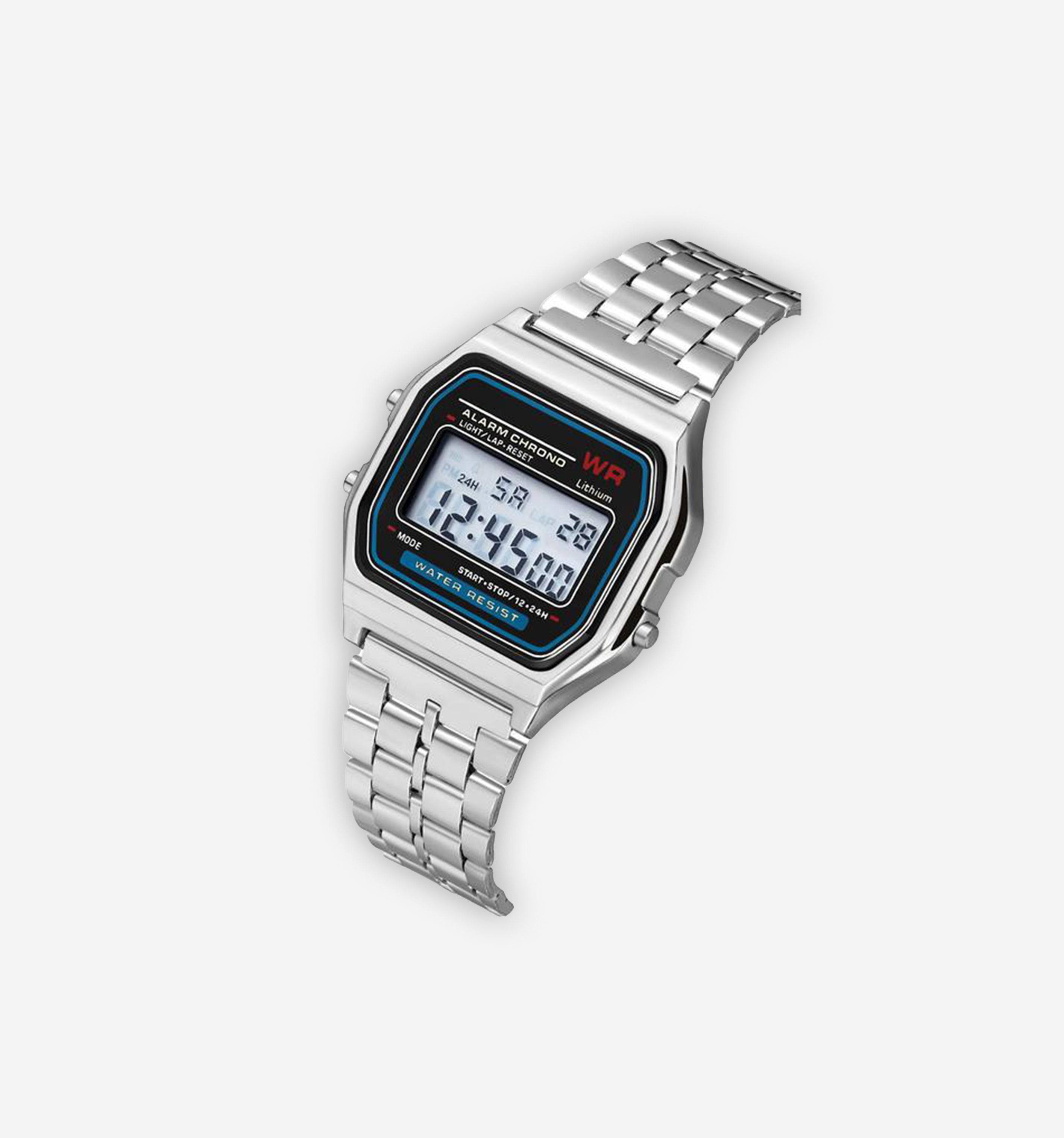 Digital electronic watch by 2KWRLD with a sleek black strap and digital display, showing time and date on the screen.