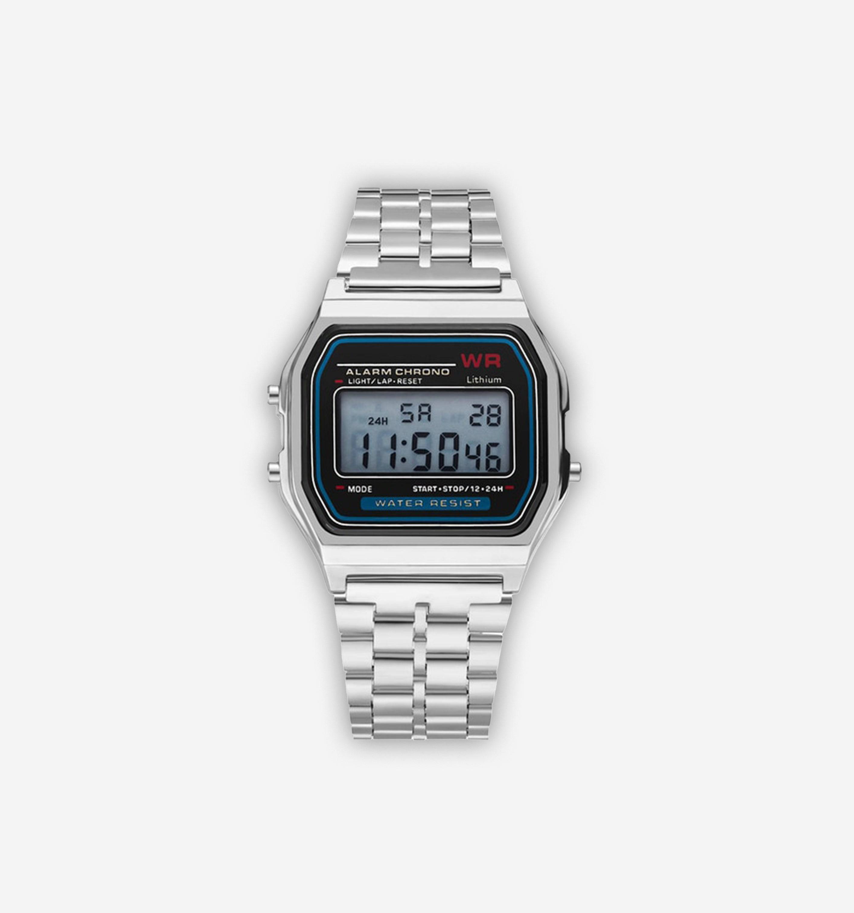 Digital electronic watch by 2KWRLD showing time on a sleek black strap and digital display.