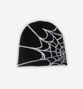 Black Spiderweb Beanie by 2KWRLD featuring a detailed spiderweb pattern on knit fabric, perfect for casual wear and cool weather.