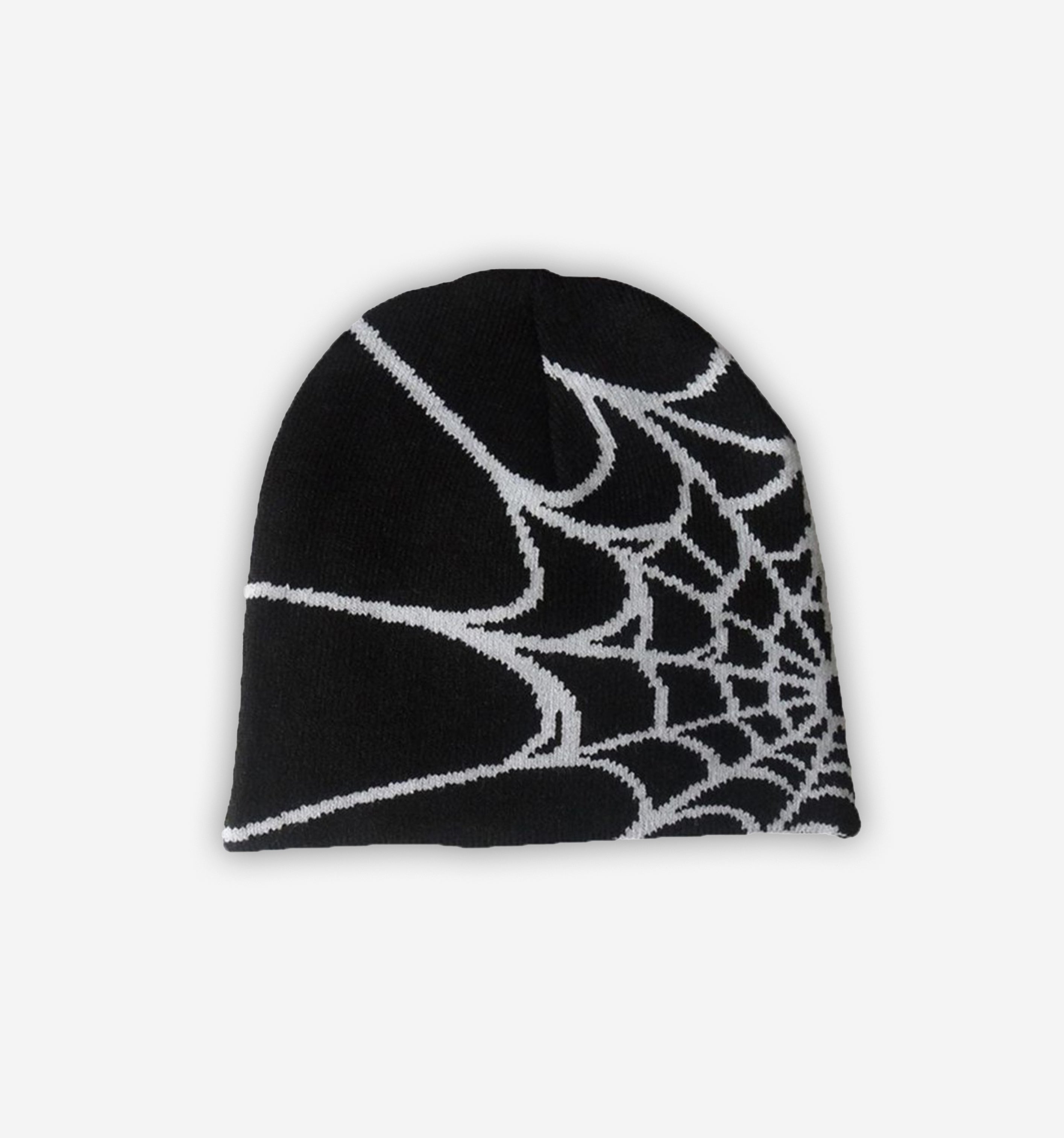 Black Spiderweb Beanie by 2KWRLD featuring a detailed spiderweb pattern on knit fabric, perfect for casual wear and cool weather.