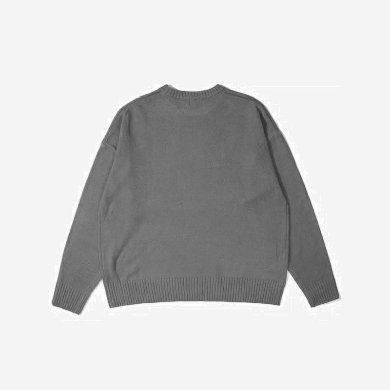 Gray Point N Shoot Knit sweater by 2KWRLD featuring a relaxed fit and ribbed cuffs.