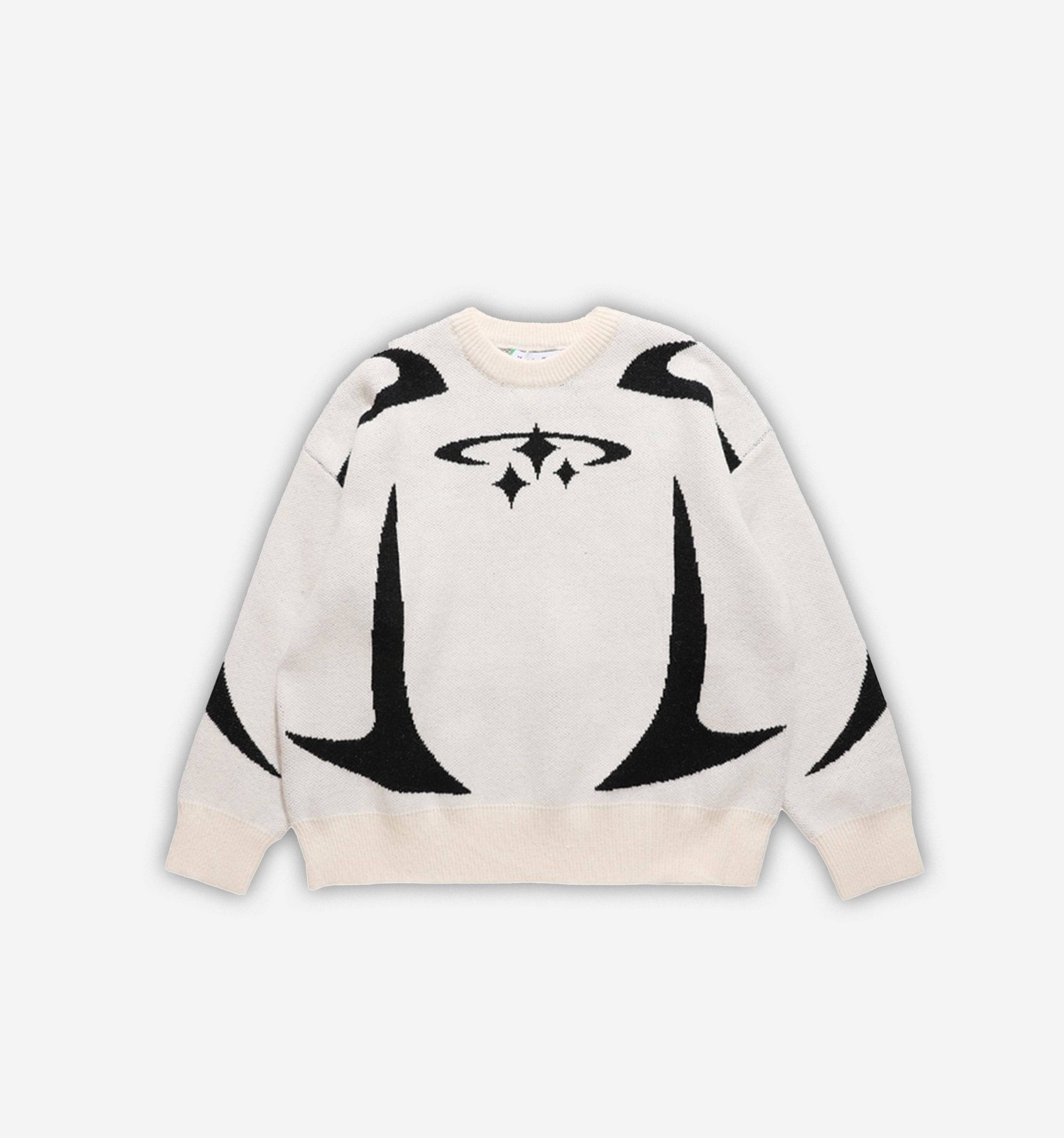 White Orion Knit sweater by 2KWRLD, featuring a cozy, textured knit fabric with a ribbed collar and cuffs.