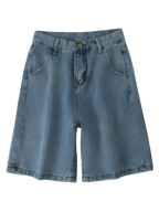 Light blue retro jorts denim shorts from 2KWRLD with distressed details and rolled cuffs, casual summer fashion.