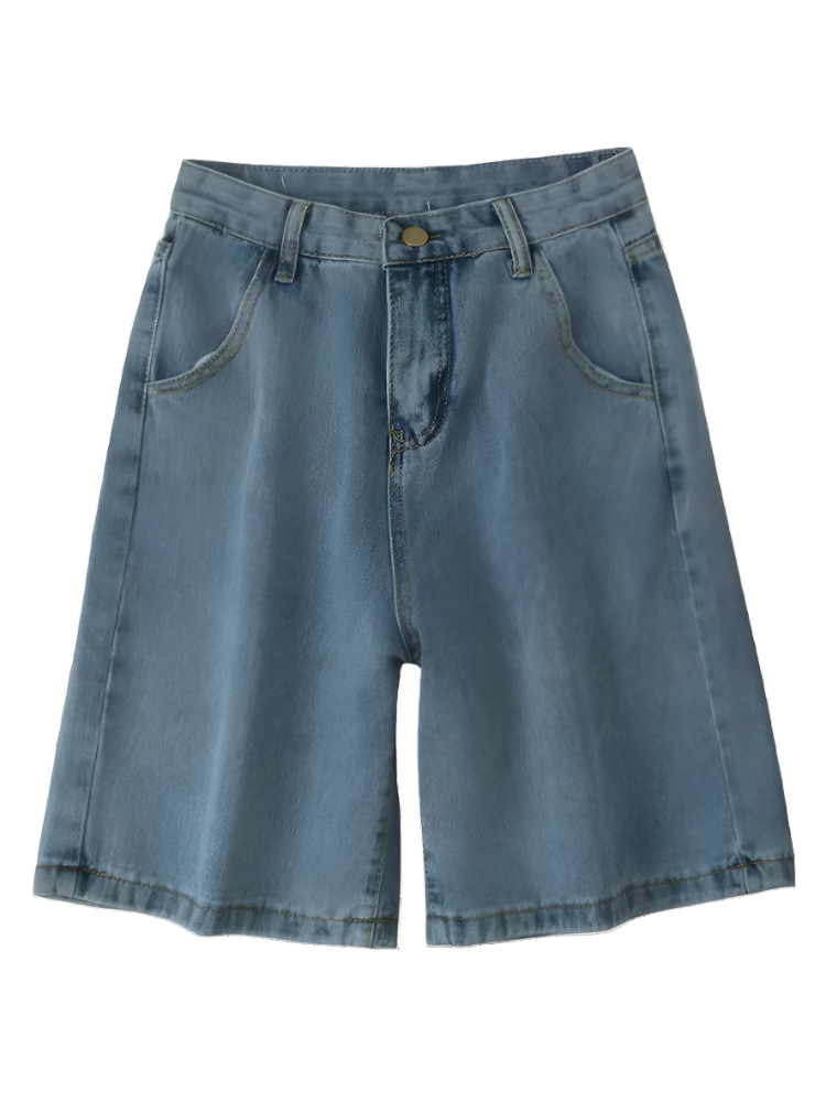 Light blue retro jorts denim shorts from 2KWRLD with distressed details and rolled cuffs, casual summer fashion.