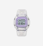 White digital watch by 2KWRLD with a sleek display and digital interface, shown on a plain background.