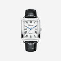 Aurelius wrist watch by 2KWRLD featuring a sleek round dial, silver case, and black leather strap on a white background.