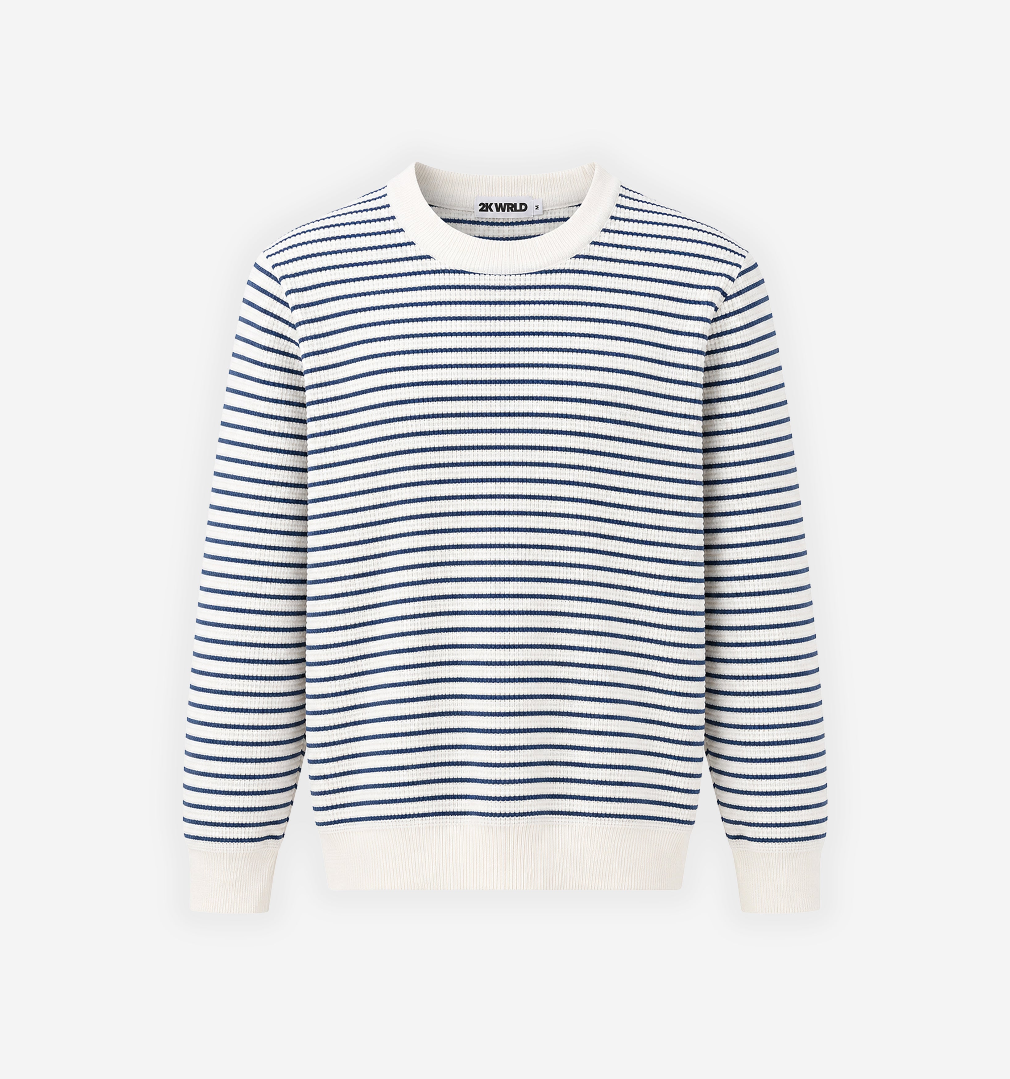 Striped waffle knit sweater by 2KWRLD featuring a cozy, textured design in neutral and contrasting colors.