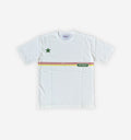 White t-shirt with colorful stripes and a star on a white background