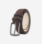 Brown suede belt from 2KWRLD with a sleek metal buckle, featuring soft textured suede material and durable design.