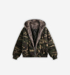 Camouflage jacket with gray fur lining on a white background