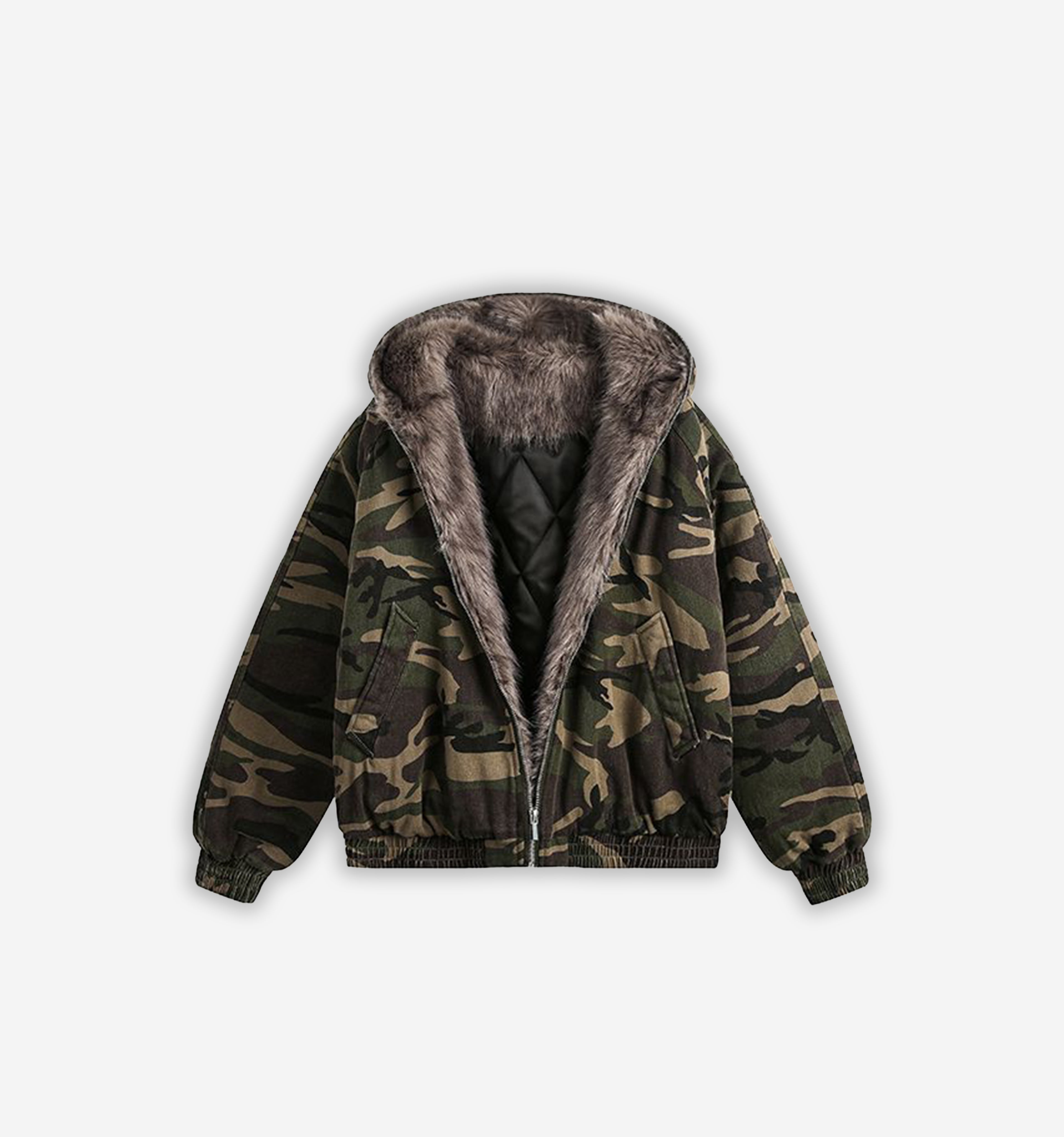 Camouflage jacket with gray fur lining on a white background
