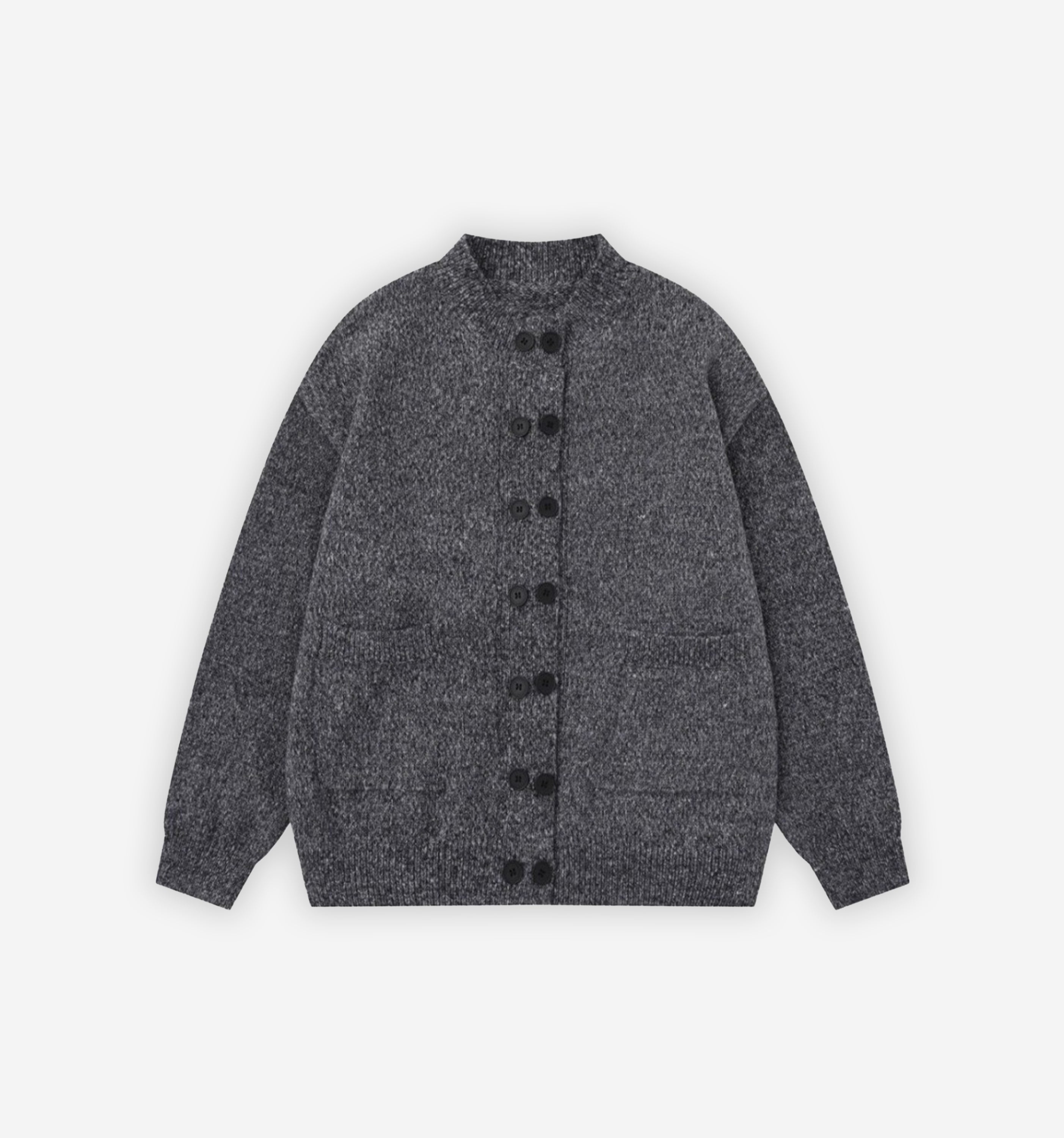 Dark gray Saturn Cardigan by 2KWRLD featuring a cozy knit texture and button-up front, displayed on a hanger.