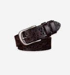 Black Sheridan belt by 2KWRLD with adjustable buckle and textured leather strap, stylish accessory for casual or formal wear.