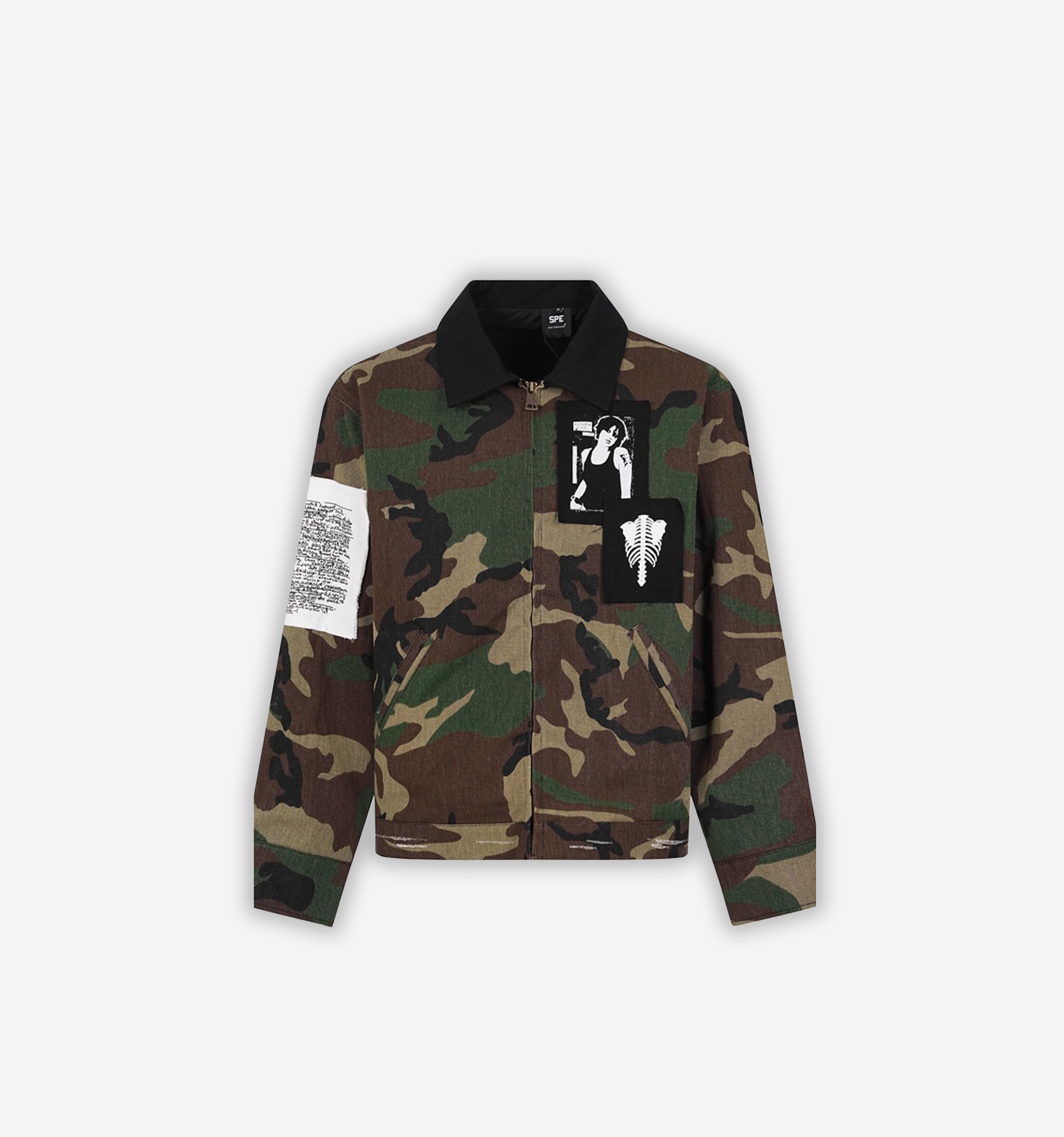 Camouflage jacket with a black collar and white text on sleeve against a white background