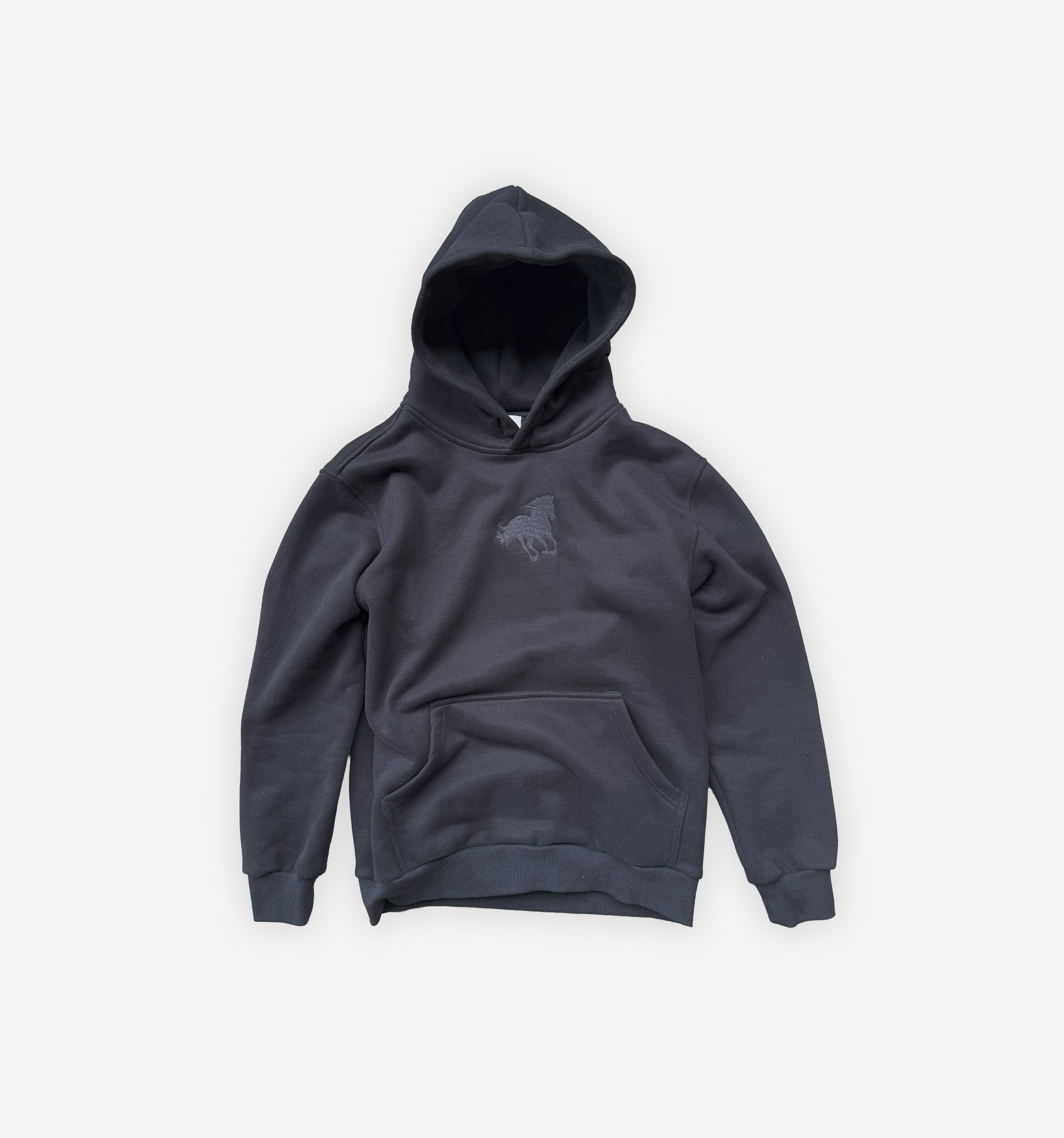 Blck hoodie with a small logo on a white background