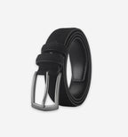 Black suede belt by 2KWRLD with a silver buckle, shown coiled on a neutral background.