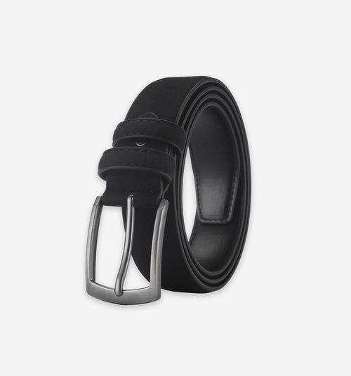 Black suede belt by 2KWRLD with a silver buckle, shown coiled on a neutral background.