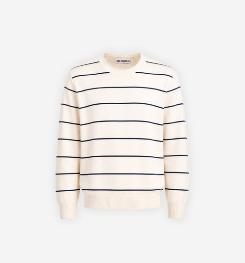 Striped sweater by 2KWRLD featuring bold horizontal black and white stripes and a cozy knit texture.