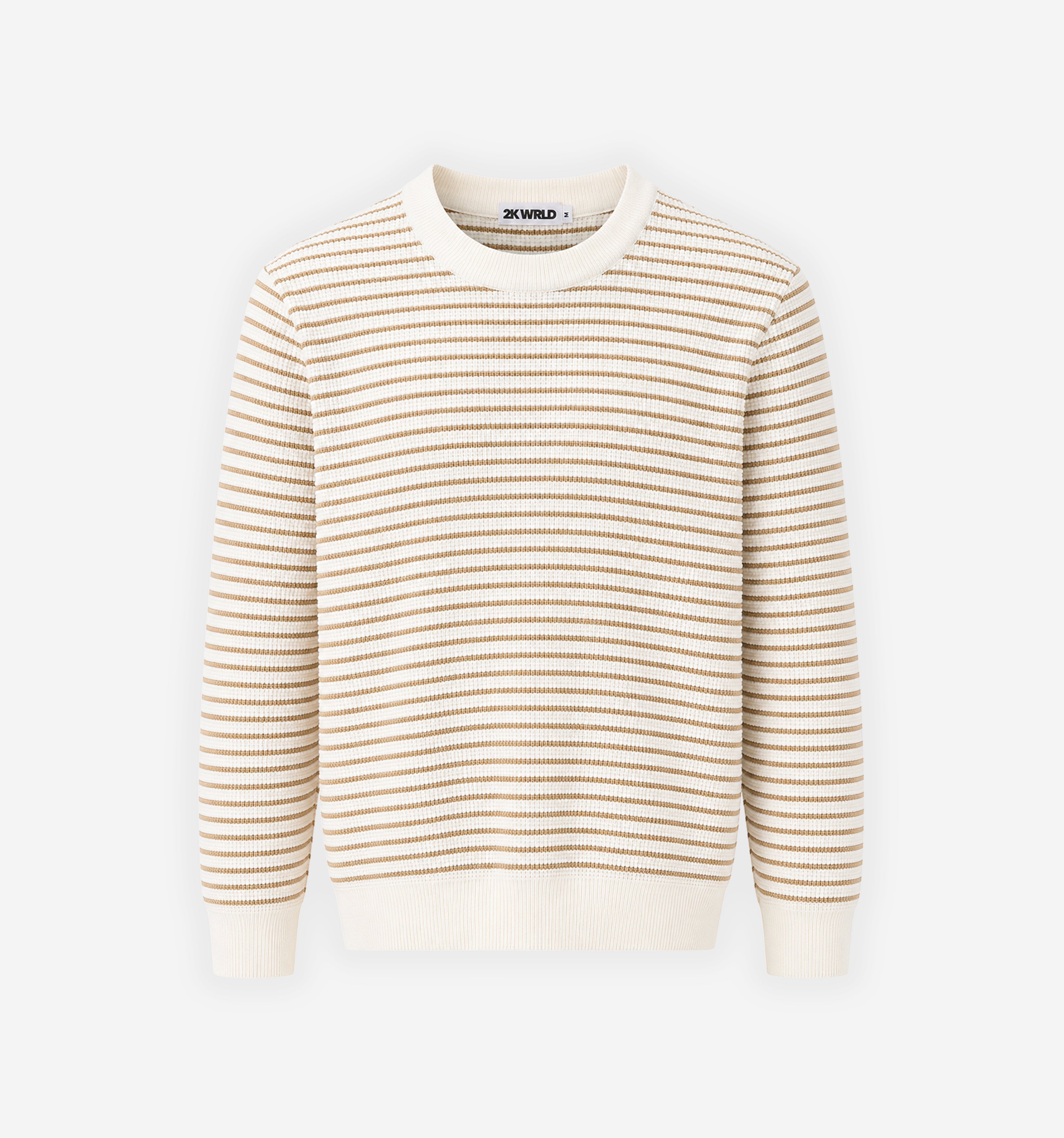 Striped waffle knit sweater by 2KWRLD featuring a cozy, textured design with horizontal stripes in various colors.