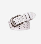 Black Sheridan belt by 2KWRLD featuring a sleek leather strap with a silver buckle and subtle branding details.