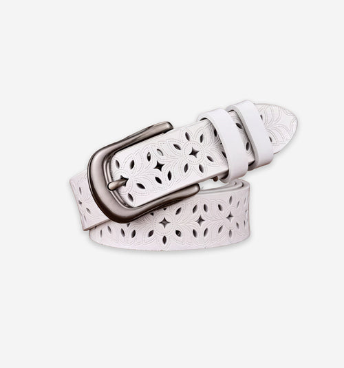 Black Sheridan belt by 2KWRLD featuring a sleek leather strap with a silver buckle and subtle branding details.