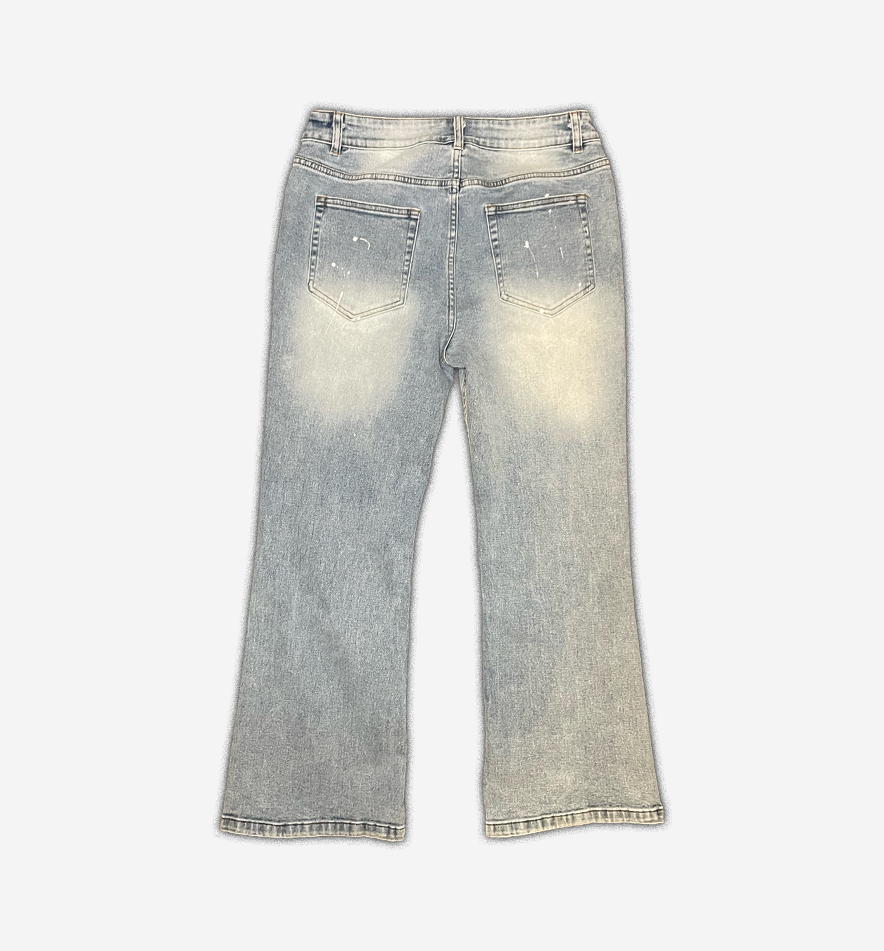 Light blue painted denim jeans from 2KWRLD, featuring a slim fit design and artistic paint splatter details.