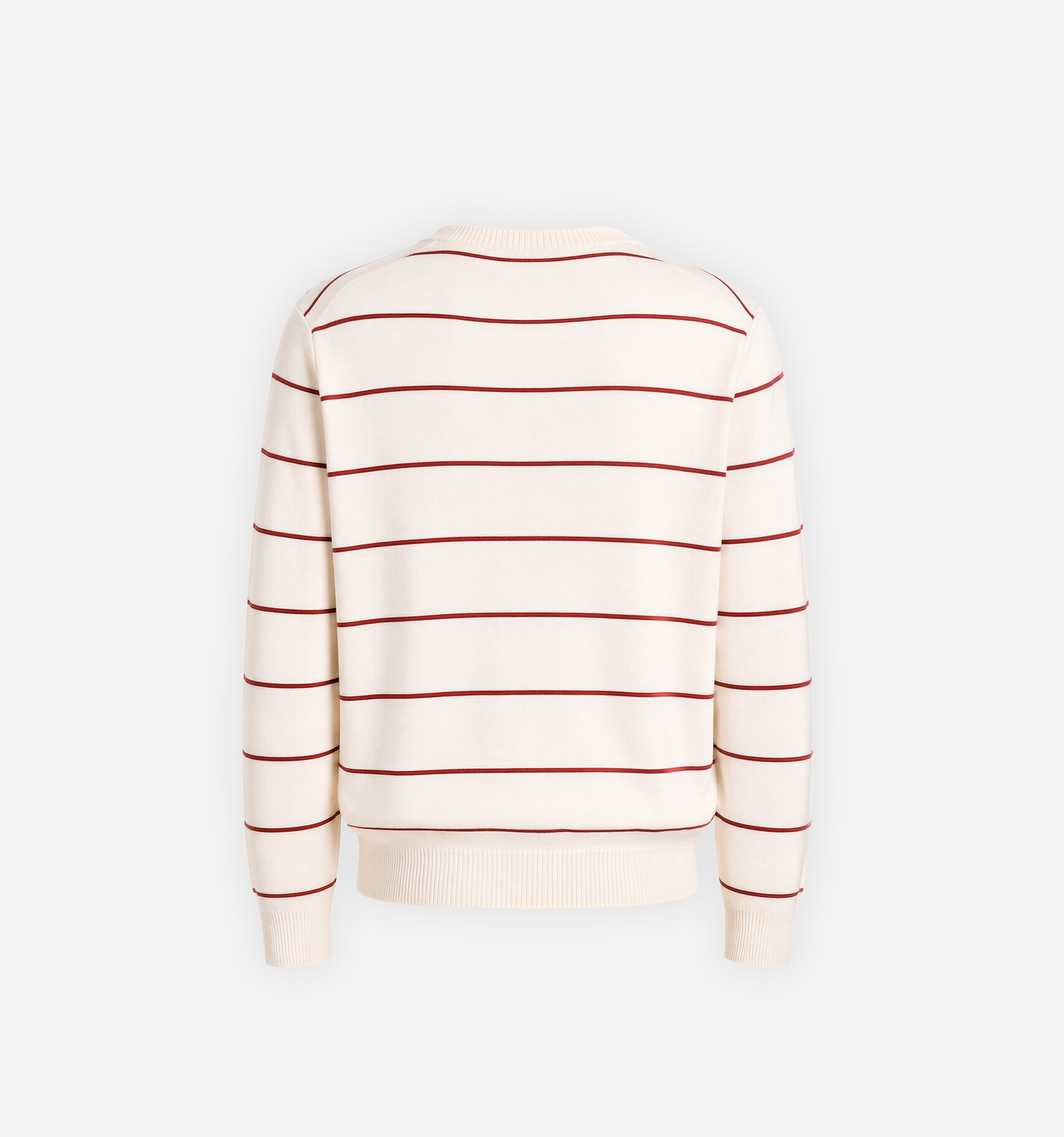 2KWRLD striped sweater featuring horizontal multicolor stripes and a crew neckline, displayed on a hanger.
