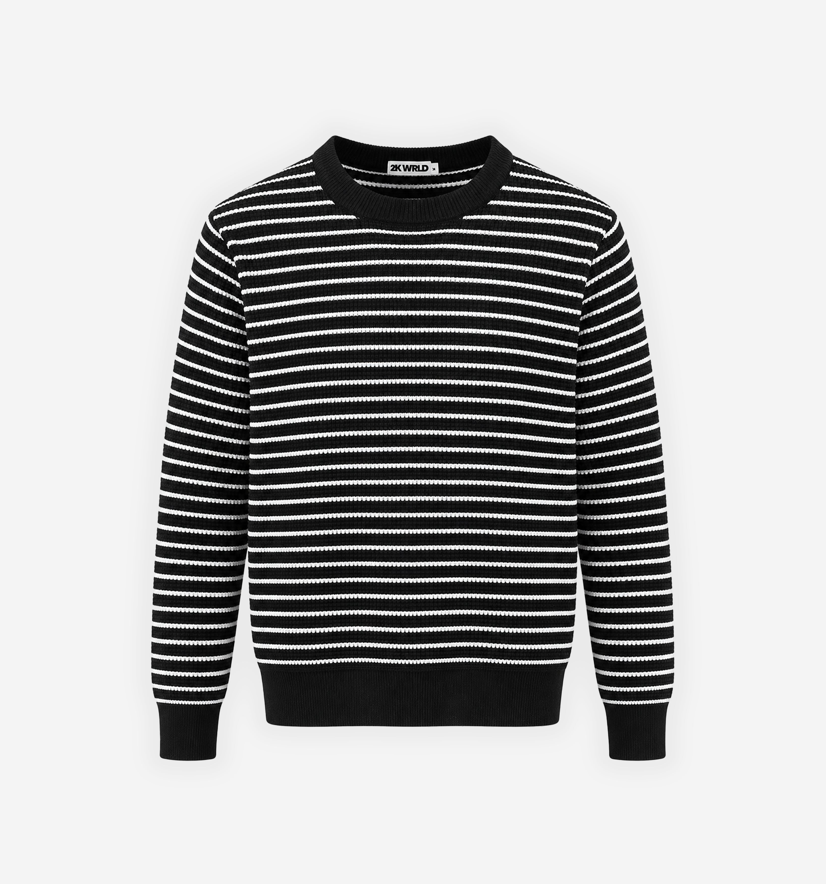 Striped waffle knit sweater by 2KWRLD, featuring a cozy, textured fabric with horizontal stripes in various colors.