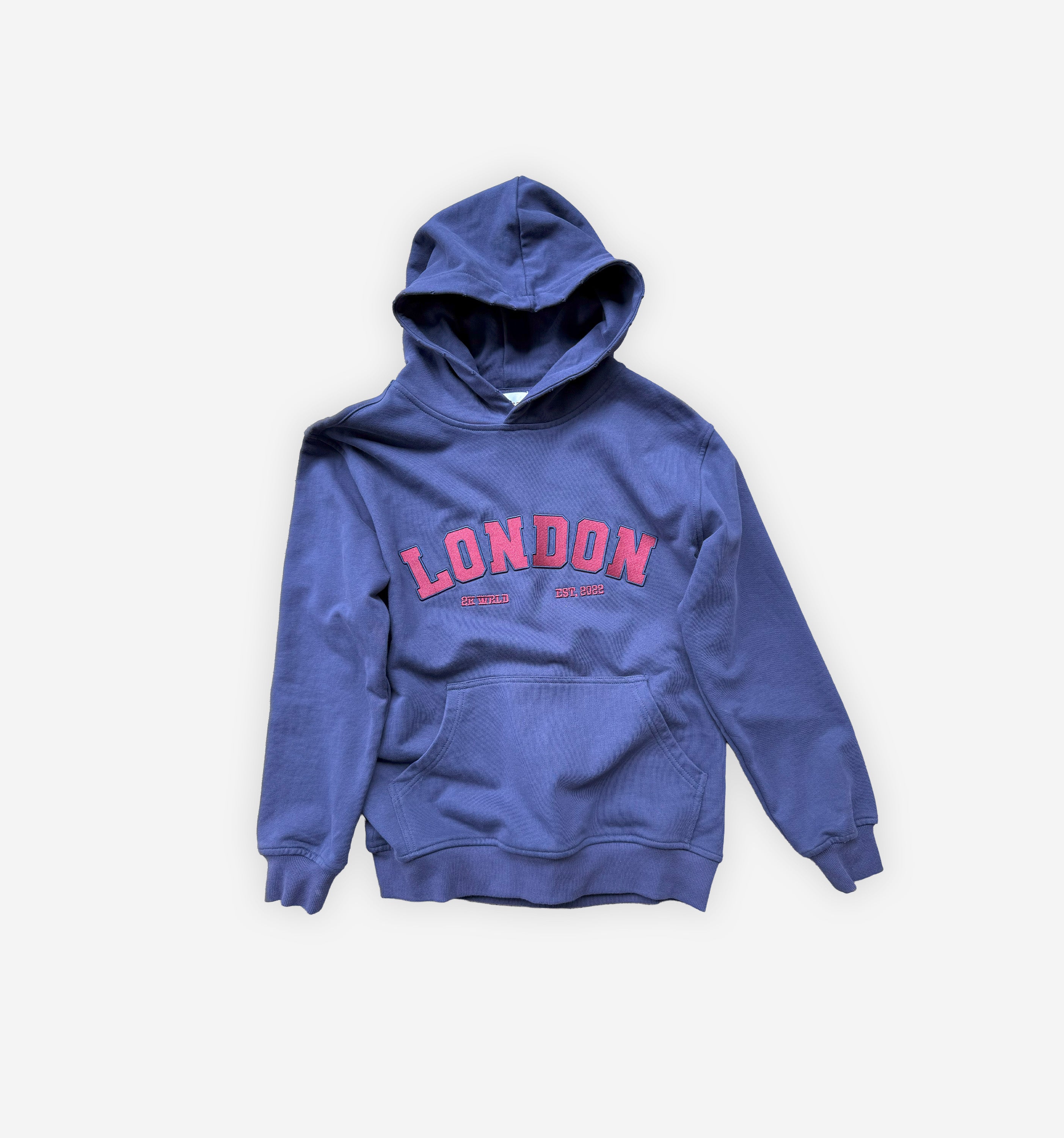 Blue hoodie with 'London' printed on it against a white background