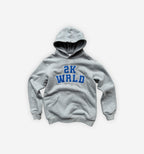 Gray hoodie with '2K WRLD' text on a white background