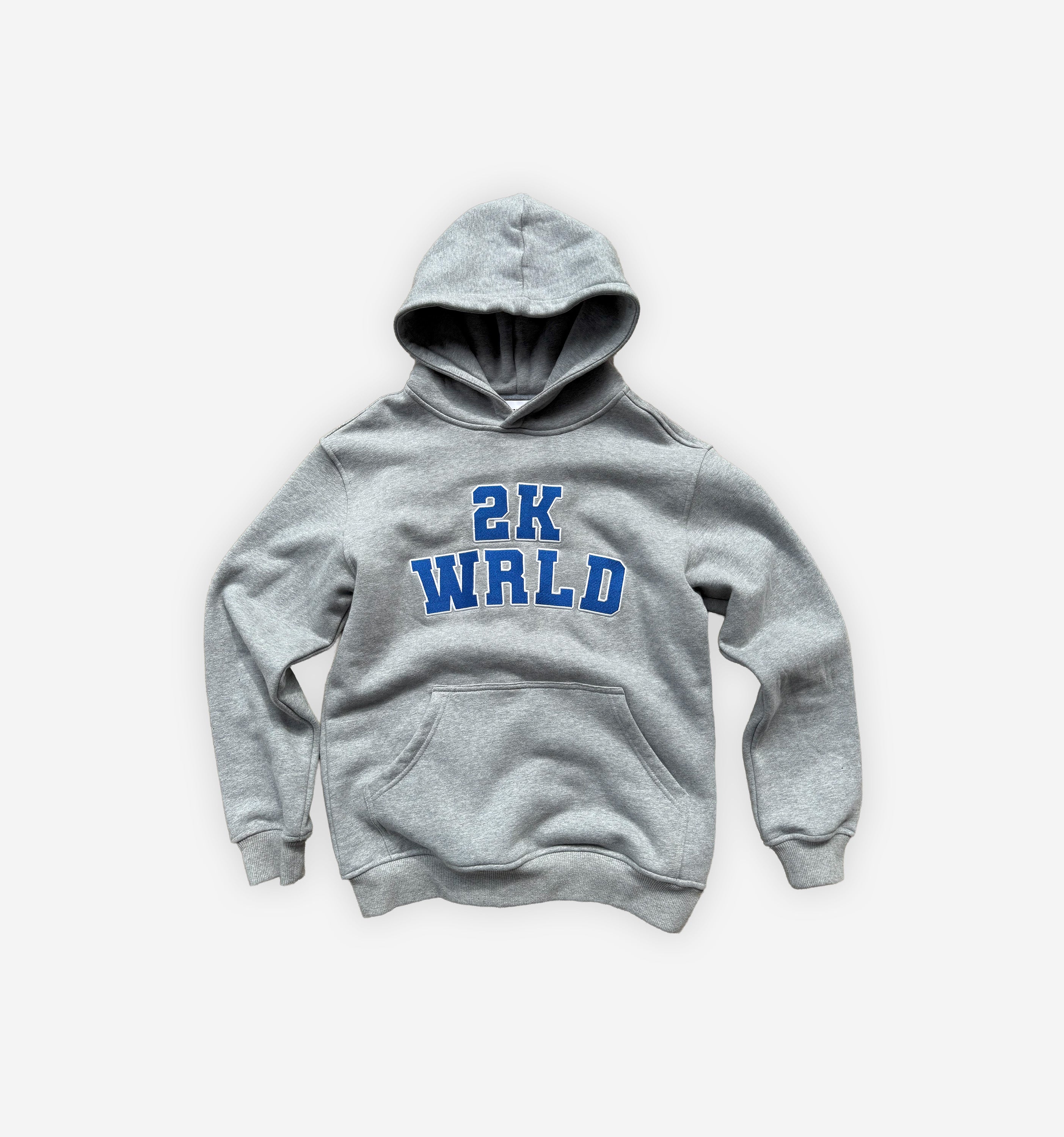 Gray hoodie with '2K WRLD' text on a white background