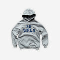 Gray hoodie with '2K WRLD' text on a white background