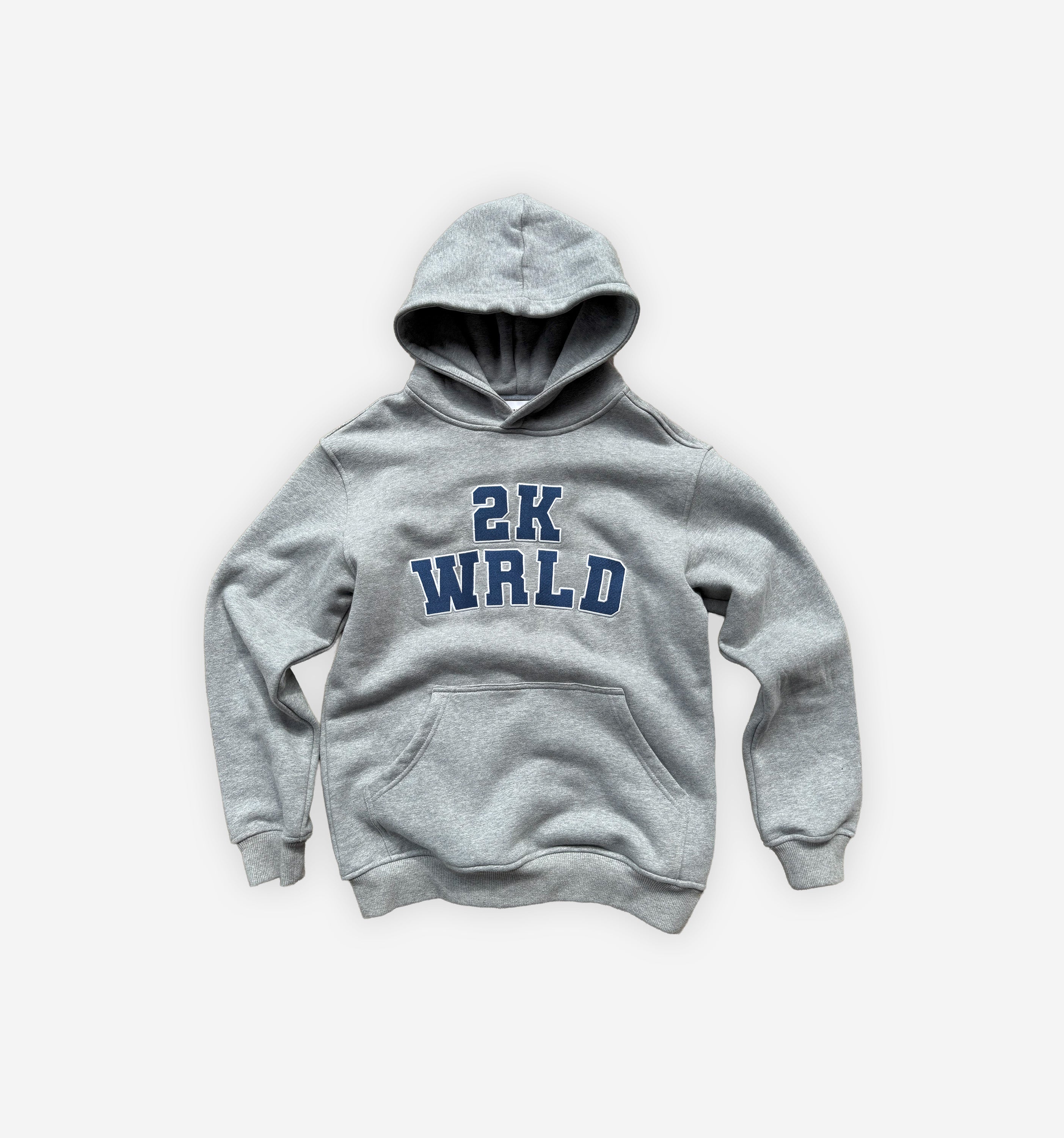 Gray hoodie with '2K WRLD' text on a white background