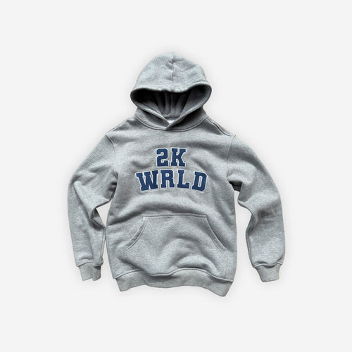 Gray hoodie with '2K WRLD' text on a white background