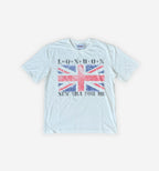 Light blue t-shirt with Union Jack design and text on a white background