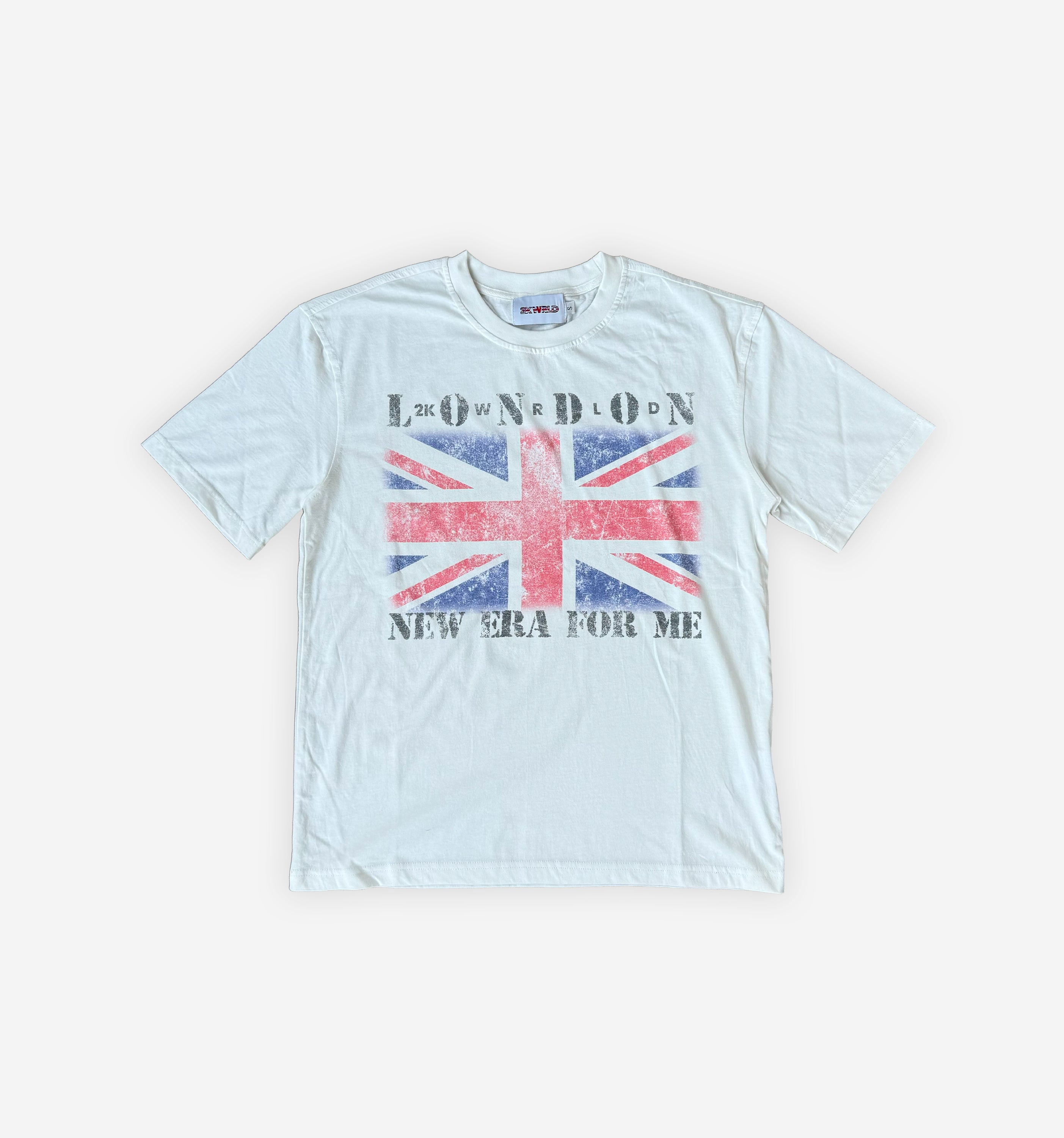 Light blue t-shirt with Union Jack design and text on a white background