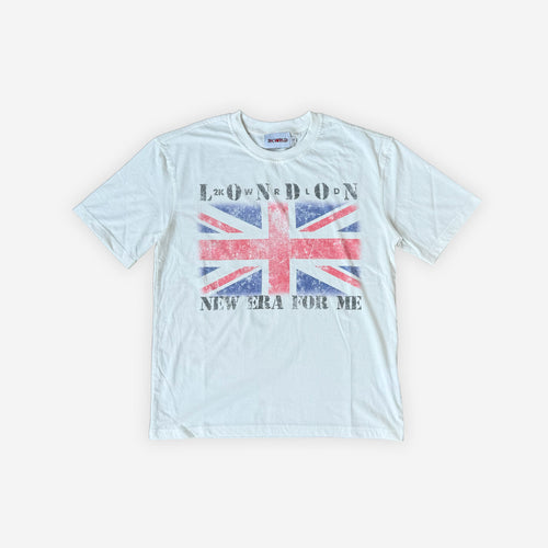 Light blue t-shirt with Union Jack design and text on a white background