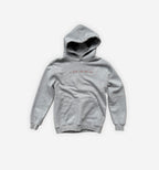Gray hoodie with text on a white background