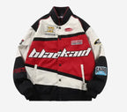 Colorful jacket with 'blackard' branding on a white background
