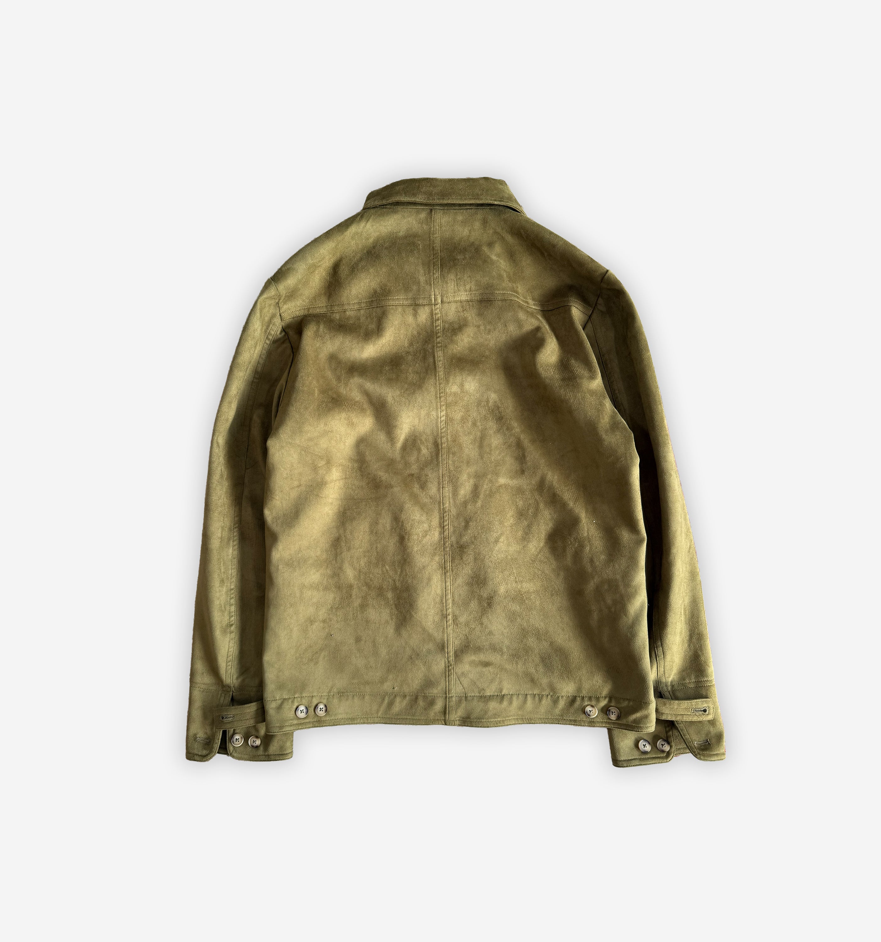 Back view of 2K WRLD Suede Jacket V2 in tan, showing smooth suede texture and stylish fit on a mannequin.